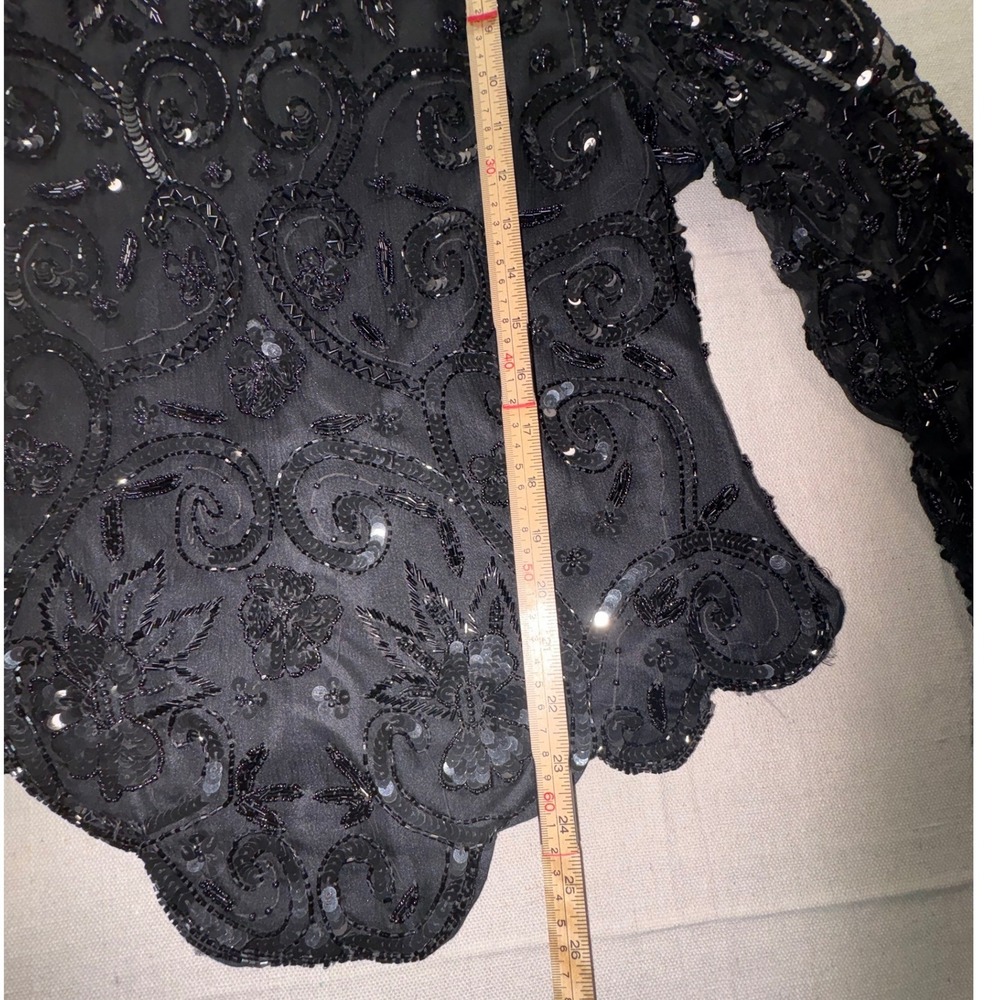 Laurence Kazar Black Silk Beaded Sequin Floral Evening Top Long Sleeve Large - Picture 4 of 12
